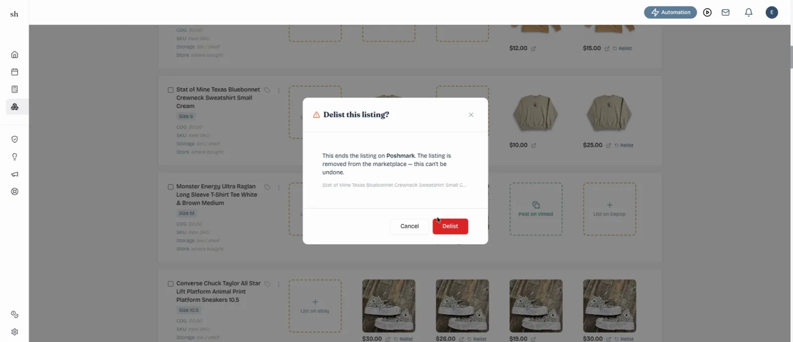 SellerHound guide step 3: Select Delist from Poshmark